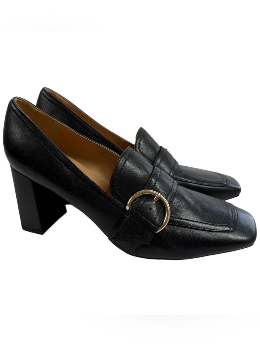 Marc Fisher 9M Oralin Black Leather Loafer Pumps Block Heel Gold Tone Buckle